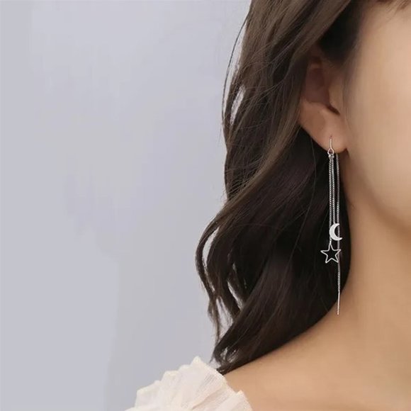 Silver Moon Star Threader Long Tassel Earring Chain, Drop Dangle Woman Earrings - Picture 1 of 8